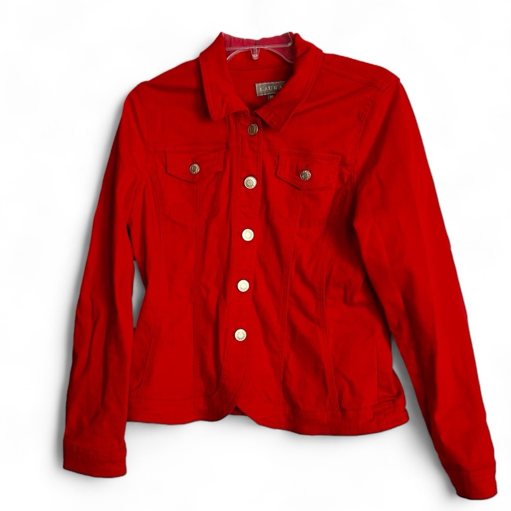 LAURA 10 Womens Cherry Red Denim‎ Jean Jacket 98% Cotton Curved Hem Feminine